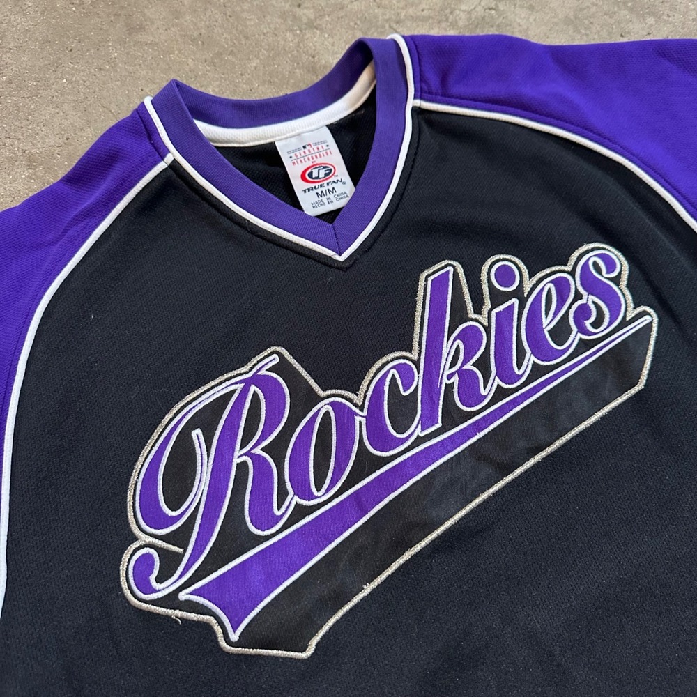 Vintage Colorado Rockies True Fan Jersey Mens‎ Medium Black Purple MLB Baseball